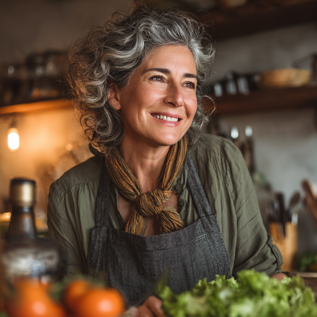 Mujer de 55 años sonriendo mientras prepara una ensalada saludable en su cocina moderna