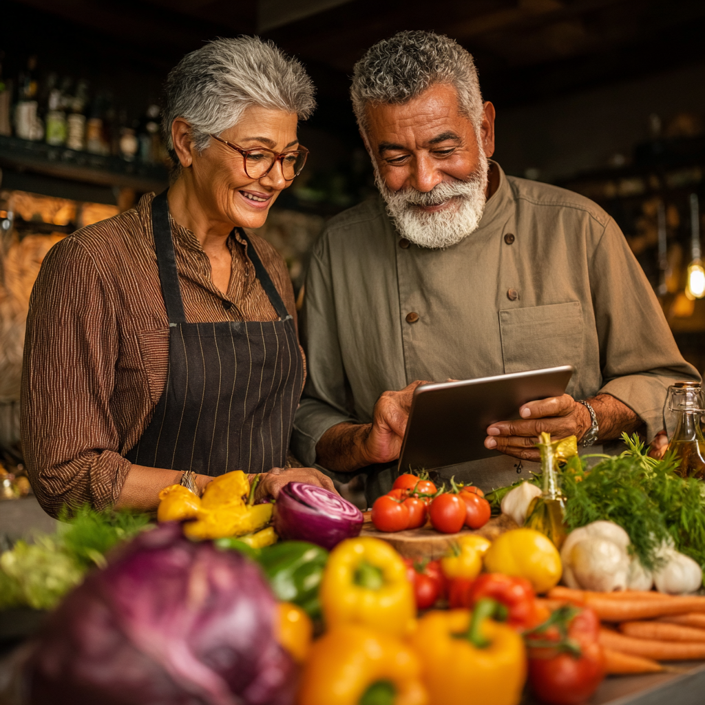 Pareja de adultos de 60 años cocinando juntos una comida saludable, sonriendo mientras siguen una receta en su tablet